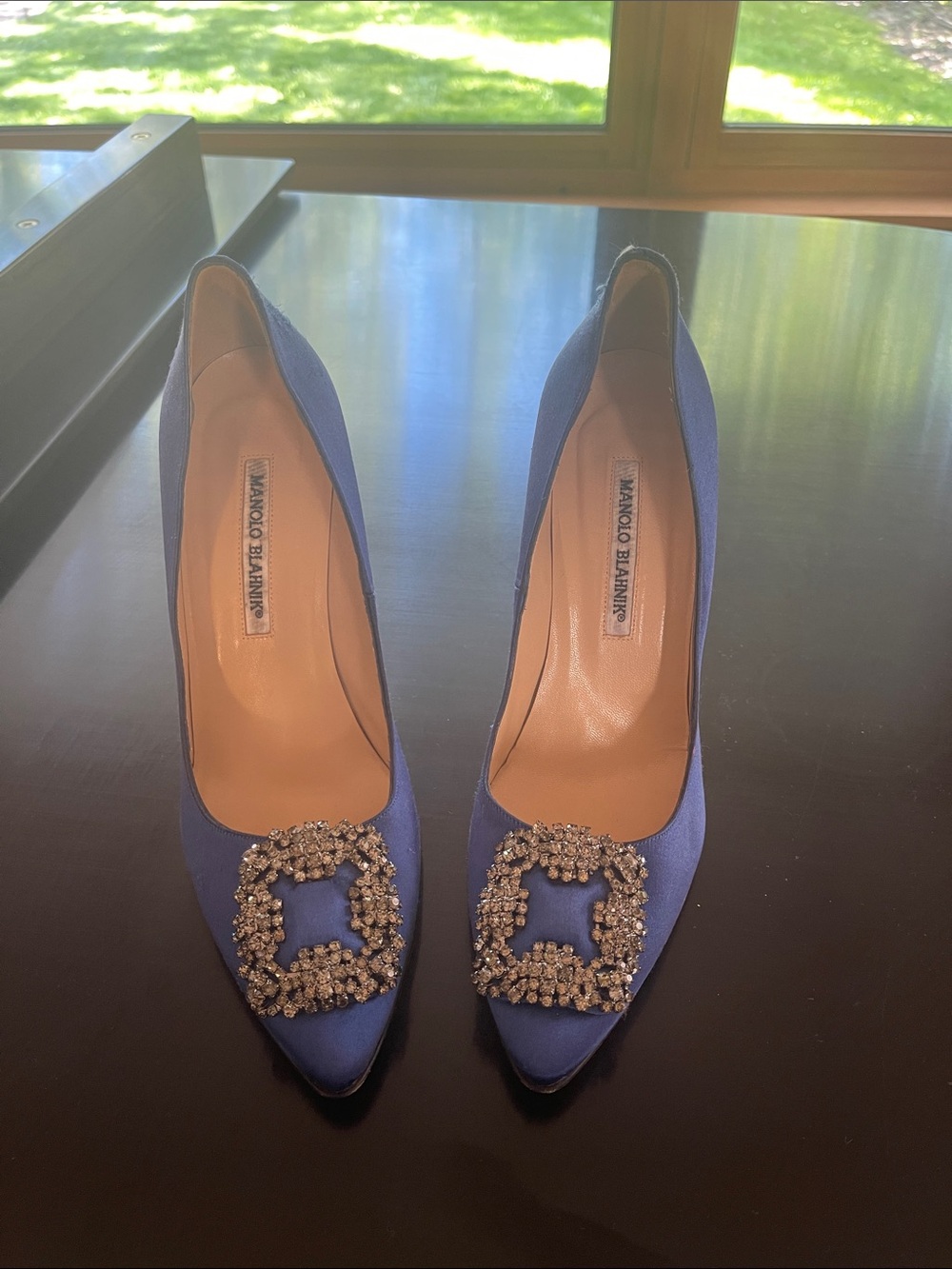 Manolo Blahnik Royal Blue Satin Pointed Toe Pumps with Crystal Buckle - Picture 10 of 11